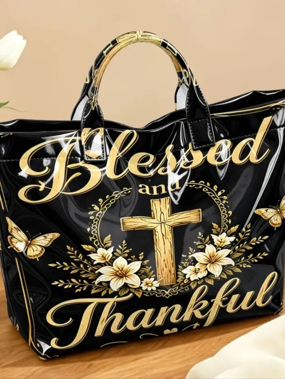 Christian Inspiration Blessed Thankful Large PVC Daily Commute Tote Bag - Picture 3 of 5